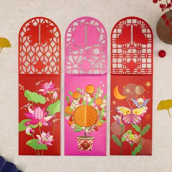 1 Takım Çin Yeni Yılı Kırmızı Zarf Yaratıcı Lotus Kelebek Desen Şanslı Para Çantası Komik Hongbao Oymak