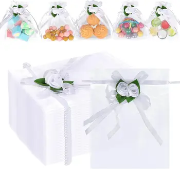 10 Adet Lale Organze hediye keseleri Beyaz Lale Düğün Favor hediye keseleri İpli Takı Şeker Torbaları Düğün Noel Sevgililer