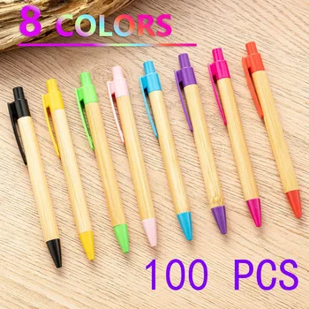 100 adet / grup Bambu Kalem Bambu Ahşap Tükenmez Kalem 1.0 mm Ucu Ofis Okul Yazma Kırtasiye İş İmza Tükenmez Kalemler