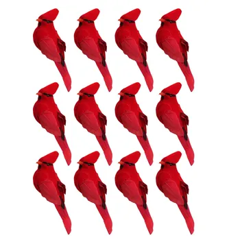 12 Adet Klipsli Yapay Kırmızı Kardinaller Noel Süsleri Tüylü Kuş Noel