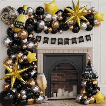 128 adet Mutlu Yeni Yıl Balon Garlan Kiti Siyah Altın Şarap Şişesi Folyo Balon Merry Christmas 2024 Yeni Yıl Arifesi Parti Ev Dekor