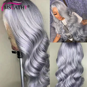 13x4 Gümüş Gri Renkli HD Şeffaf dantel ön peruk Kadınlar için Gevşek Vücut Dalga Brezilyalı işlenmemiş insan saçı Peruk Önceden Koparıp