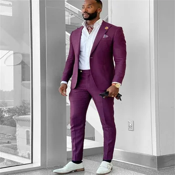 2 Adet Fuşya Erkek Takım Elbise Bir Düğme Yüksek Kaliteli Smokin Yaka Custom Made Pamuk Resmi Parti Takım Elbise Fit İnce Ceket + Pantolon