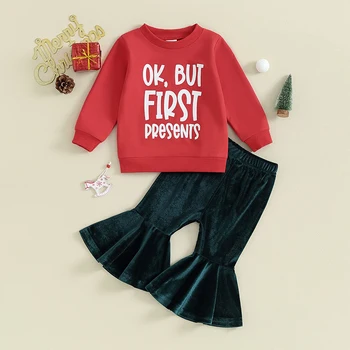 2023-10-09 Lioraitiin Çocuk Bebek Kız Noel Giysileri Setleri Uzun Kollu Mektup Baskı Kazak Düz Renk Alevlendi pantolon seti