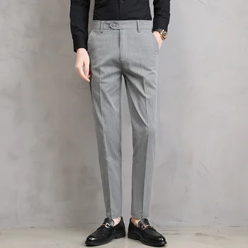2023 Bahar gündelik erkek pantolonları Slim Fit Küçük Bacak Pantolon Gençlik Çizgili Ofis Sosyal İş Elbise Pantolon Pantalon Homme