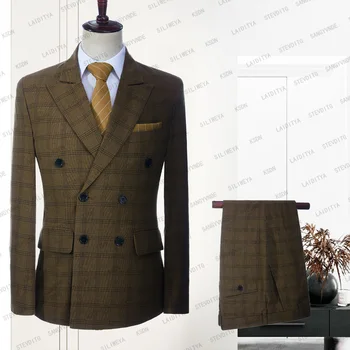 2023 Casual Smokin Düğün Erkek takım elbise Kahverengi Keten Ekose Slim Fit İngiliz Kruvaze 2 Adet Set (Blazer + Pantolon)