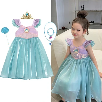 2023 Disney Küçük Denizkızı Ariel Prenses Kostüm Çocuklar Kızlar İçin Elbise Cosplay Çocuk Karnaval Doğum Günü parti giysileri Mermaid