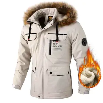 2023 Erkekler Kış Sıcak Polar Kalın Rüzgarlık Ceket Ceket Parkas Erkekler Moda Kürk Yaka Ayrılabilir Kapşonlu Su Geçirmez Ceket Erkekler