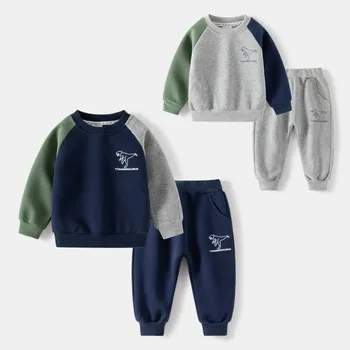 2023 İlkbahar Sonbahar Çocuk Eşofman Giysileri Bebek Erkek Pamuk Dinozor Baskı Kazak + Pantolon 2 Adet Set Yürümeye Başlayan Çocuk Eşofman