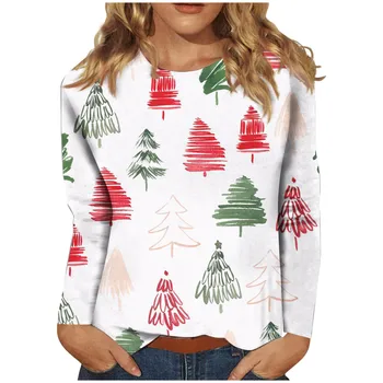 2023 Kadın Sonbahar Kış Noel Üst T - shirt Uzun Kollu Yuvarlak Boyun Kardan Adam Noel Baskı Kazak S-6XL