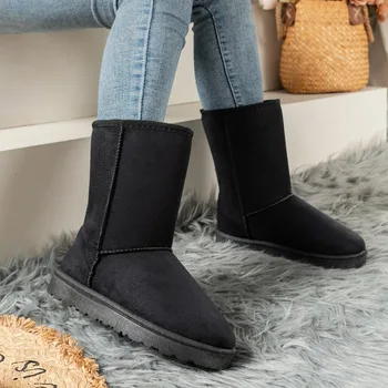2023 Marka kadın ayakkabısı Kış Orta Buzağı kadın Botları Sıcak Kar Botları Kadın Dikiş Yuvarlak Ayak Slip-on Düşük Düz Ayakkabı Kadın