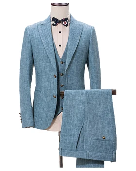 2023 Mavi Homme Erkek Takım Elbise Keten Yumuşak Moda Düğün Parti Balo Damat Blazer 3 Adet Terno Masculino Slim Fit Smokin