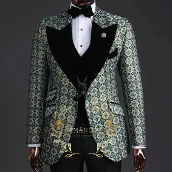 2023 Moda Son Tasarımlar Yeşil Çiçek Erkek Takım Elbise Tepe Yaka Erkek Düğün Takımları Resmi Damat Parti Smokin Kostüm Homme 3 adet