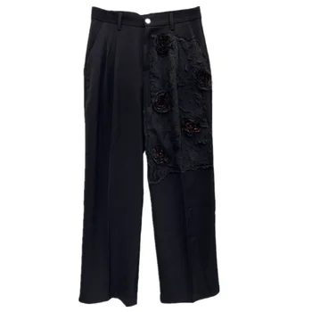 2023 Siyah vintage kırmızı gül çiçek takım elbise pantalonları erkek ve kadın gevşek düz uzun takım elbise pantalonları