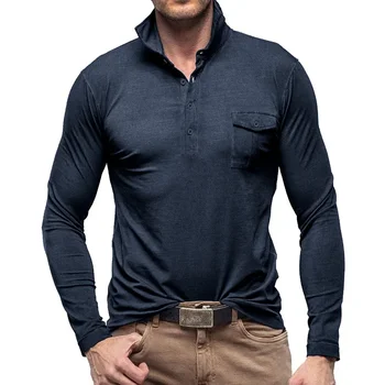 2023 Sonbahar / Kış Yeni POLO Yaka Avrupa ve Amerikan erkek tişört erkek Düz Renk Uzun Kollu POLO GÖMLEK