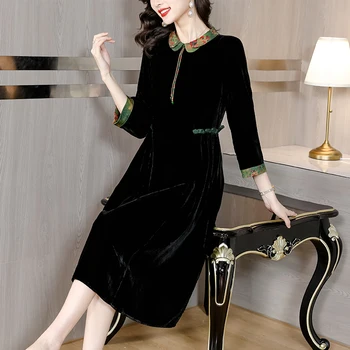 2023 Sonbahar / Kış Yeni Siyah İpek Süet uzun Kollu elbise Katı Moda Elbise Polo Boyun Gevşek Büyük Kemer İnce uzun elbise