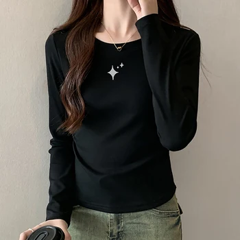 2023 Sonbahar T Shirt Kadın Nakış pamuklu uzun kollu tişört Kırpma Üstleri Kadın Giysileri Tişörtleri Kore Moda Tee Gömlek Femme Siyah