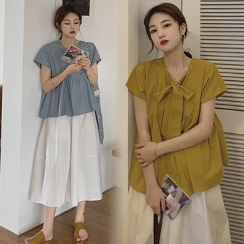 2023 yaz giysileri Seti Annelik Kore Tarzı Kısa Kollu İlmek Gömlek + Etek Twinset Hamile kadın Etek Takım Elbise