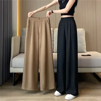 2023 Yaz Rahat Geniş Bacak Pantolon Kadın Kore Moda Yüksek Bel Baggy düz pantolon Kadın Düz Elastik Bel Tam Pantolon