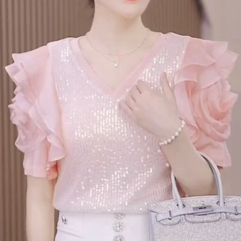 2023 Yeni Bahar Yaz Üstleri Kadın Kısa Kollu Gevşek V Boyun Kazak Ruffles Ofis Bayan Kore Tarzı Düz Renk Moda Bluz