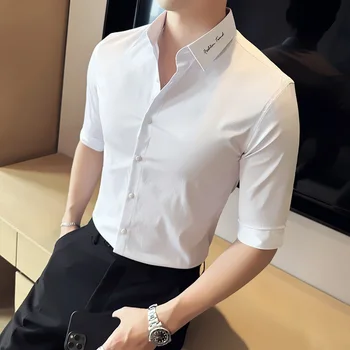 2023 Yeni erkek Yedi çeyrek Kollu Gömlek Moda Resmi Klasik İş Elbise Gömlek Casual Slim Nefes Olmayan ütü Üst