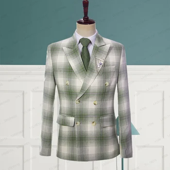 2023 Yeni Moda Erkekler Yaz İngiliz Tarzı İş Keten Yeşil Retro Klasik Ekose Erkek Düğün Parti Ceket Takım Elbise Ceket