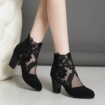 2023 Yeni Moda Kadınlar Yüksek Topuklu Dantel Çiçek Ayak Bileği Kayışı Sandalet Oymak Yuvarlak Ayak Zip Pompaları Zapatos De Mujer