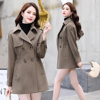 2023New Sonbahar Kış Moda Yün Ceket Kadın Kore Orta Uzun Kruvaze Yün Ceket Kadın Outerwea Palto Bayanlar Tops