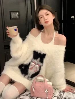 2024 Sonbahar İki Adet Set Kadın Grunge Örme Karikatür Kedi Yay Kazak + Kolsuz Halter Katı Yelek Y2k Estetik Moda