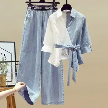 2024 Yaz Yeni Dikişli Şifon Gömlek Kadın Seti Zarif kadın Kot Rahat Bluz İki Parçalı Set Bayanlar Eşofman