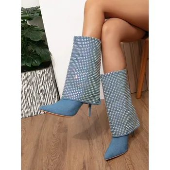 2024 Yeni Mavi KRİSTAL İnce Topuklu Sivri Burun Kadın Diz Yüksek Çizmeler Kış Ayakkabı Kadın Patik Zapatos Mujer