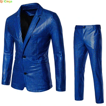 2024 Yeni Mavi Çizgili Takım Elbise İki Parçalı erkek moda elbise Ceket ve Pantolon Siyah Yeşil Gümüş Erkek Setleri Boyutu: S M L XL XXL XXXL