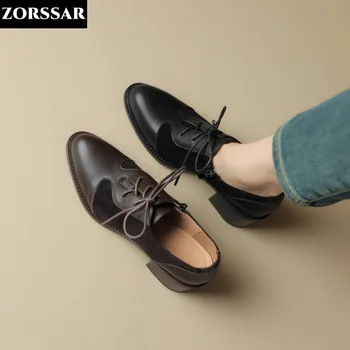 2024 Yeni Oxford Ayakkabı Kadın bağcıklı ayakkabı Sivri Burun Rahat Moda Bayan İş Elbise Ayakkabı Kahverengi Yüksek Topuklu Kadın