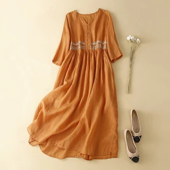 2024 Yeni Yaz Vintage Pamuk Keten Elbise Kadınlar için Kısa Kollu Tek Göğüslü Gömlek Elbiseler Rahat Gevşek Nakış Vestidos