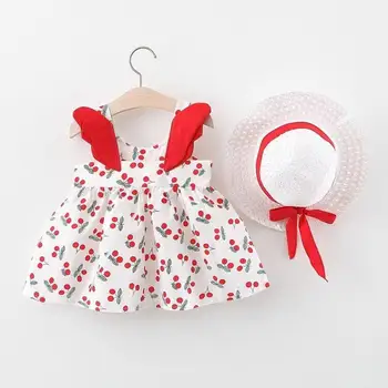 2024 Yeni çocuk Kore versiyonu elbise yaz kız baskı nokta kanat prenses elbise bebek plaj elbise + güneş şapkası 0-3Y