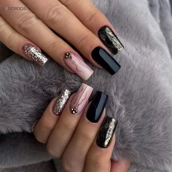 24 Adet Siyah Kare Yanlış Nails Glitter Sequins Ebru Pembe Tasarımlar Ayrılabilir Sahte Tırnaklar Tam Kapak Basın çivi