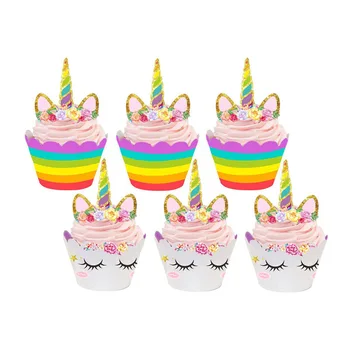 24 Adet Unicorn Gökkuşağı Kek Toppers Kek Sarmalayıcıları Doğum Günü Partisi Kek Dekorasyon Bebek Duş Unicorn Parti Malzemeleri