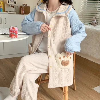 3 adet Setleri Sonbahar Kış Kalın Sıcak Annelik Hemşirelik Pijama Setleri Emzirme Emzirme Pijama Gebelik Ev Hastane Giyim