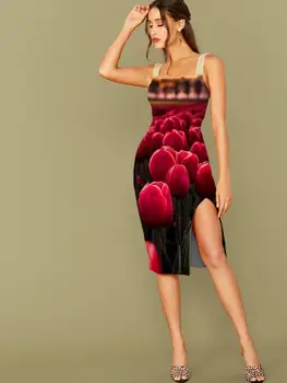 3D Elbise Lale Elbiseler Kadın Çiçekler 3d Baskı Kırmızı Halter Kolsuz Kadın Parti Kısa Boho Moda