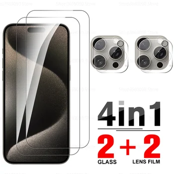 4in1 Tam Kapak Temperli Cam iphone için kılıf 15 Pro iphone 15 Pro Max PromaX iphone 15 Artı 15Pro Ekran Kamera koruyucu film