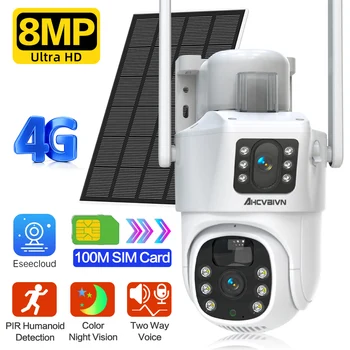 4K 8MP Güneş Kablosuz Gözetim 4G Kamera Açık CCTV PTZ Kamera PIR İnsan Algılama Renk Gece Görüşlü Güvenlik Koruma