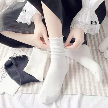 5 çift Fırfır Çorap Kızlar Kadınlar Beyaz Siyah Fırfırlı Lolita Tarzı Japon Kızlık Sevimli Kawaii Pamuk Harajuku Prenses Ekip Çorap