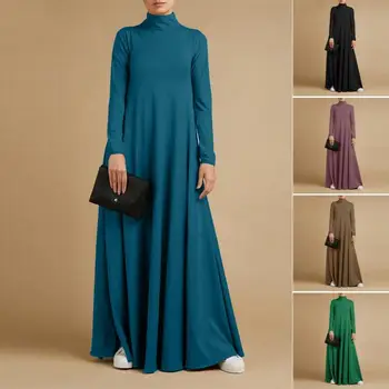 5XL Zarif Uzun Maxi Elbise Sonbahar Kış Sıcak Yüksek Yaka Kadın Uzun kollu Elbise 2024 Kadın Giyim Rahat