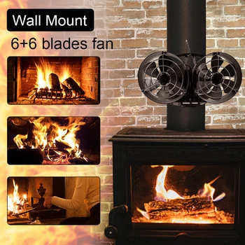 6 Bıçak soba fanı çift başlı kelepçe duvara monte şömine Fan tasarrufu sessiz çevre fan ev verimli ısı dağıtmak