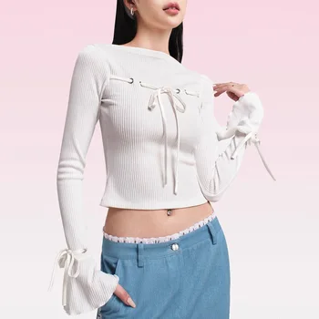 90s Vintage Kawaii Kırpma Üstleri Kore Moda Nervürlü Örme papyon - Up beyaz T-Shirt Bahar Sonbahar Slim Fit Tees Kadın Streetwear