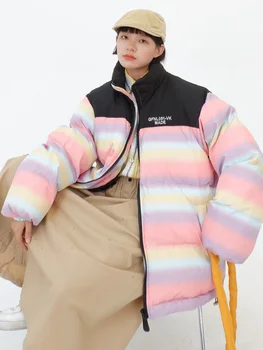 Amerikan Gökkuşağı Şerit Eklenmiş Ayakta Yaka Pamuk Ceketler kadın 2023 Kış Yeni Gevşek bf Moda Marka Kalın Mont