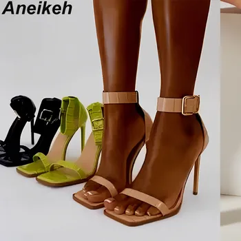 Aneikeh 2024 Moda Rugan Taş Desen Stiletto Topuklu kadın Kare golf sopası kılıfı Topuk Toka Kayış Sandalet Parti Elbise