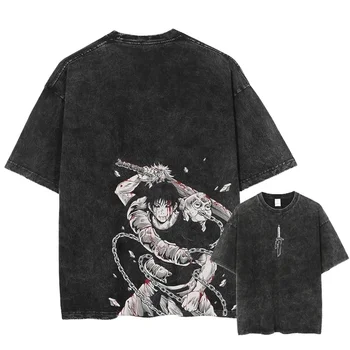 Anime Siyah Yıkanmış Tshirt Harajuku Yaz Kısa Kollu Pamuk Tees Vintage Streetwear Fushiguro Toji T-Shirt
