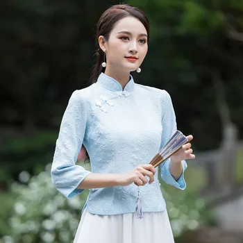 Artı Boyutu 4Xl Çin Qipao Üst Kadın Tang Elbise Zarif Cheongsam Vintage Jakarlı Gelenek Kostüm Mandarin Yaka Gömlek