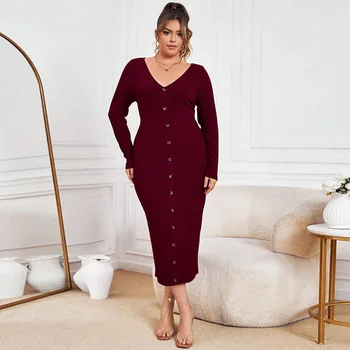 Artı Boyutu Kadın Örme Elbise 2023 Yeni Seksi V Yaka Tek göğüslü uzun elbise Düz Renk Moda Uzun kollu Zarif Elbiseler